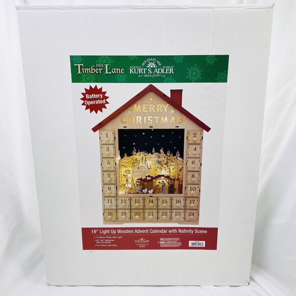 Kurt Adler 19” Wooden Christmas Advent Calendar With Light-Up Nativity Scene - Picture 1 of 6